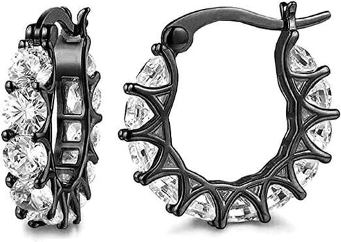 Sparkling Rhodium Plated Gun Black Circle Cubic Zirconia Men Women Hoop Earrings